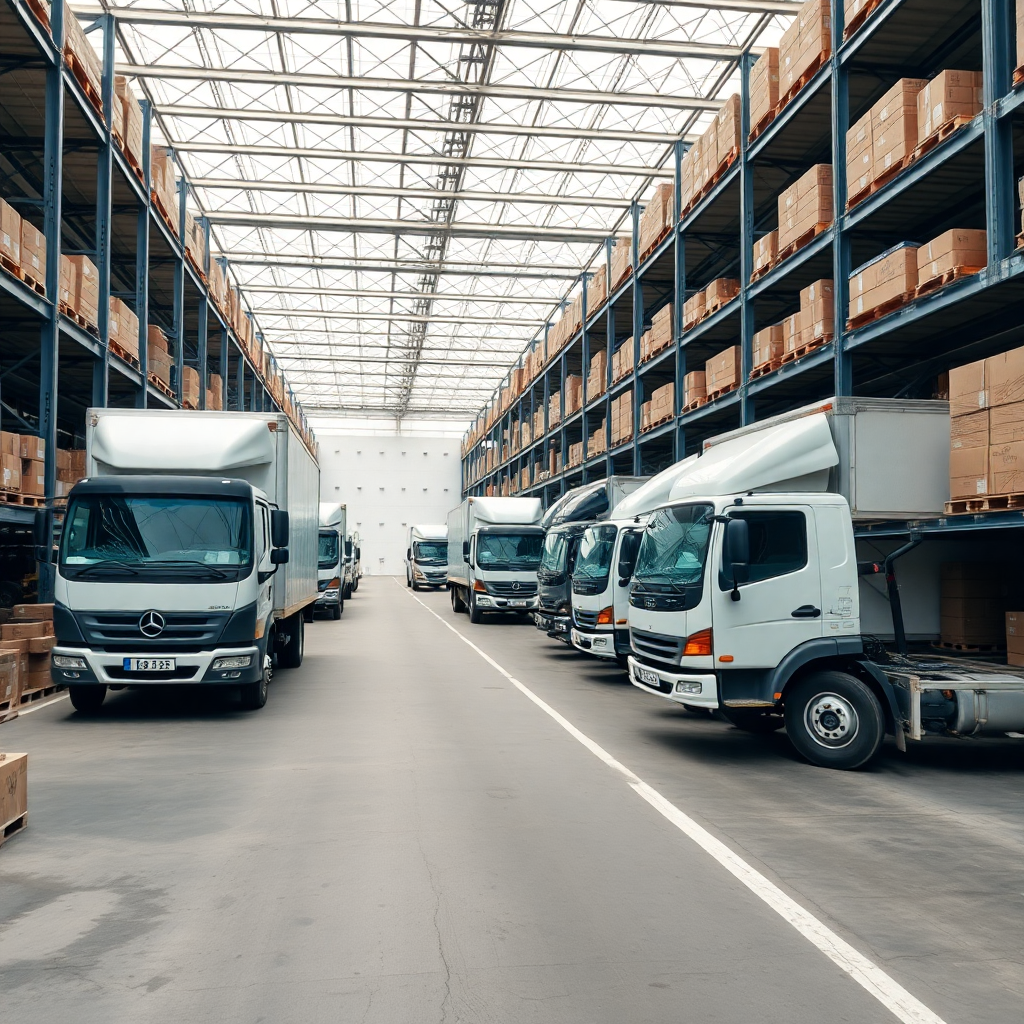African e-commerce logistics, delivery trucks, warehouse operations, modern supply chain, professional photography