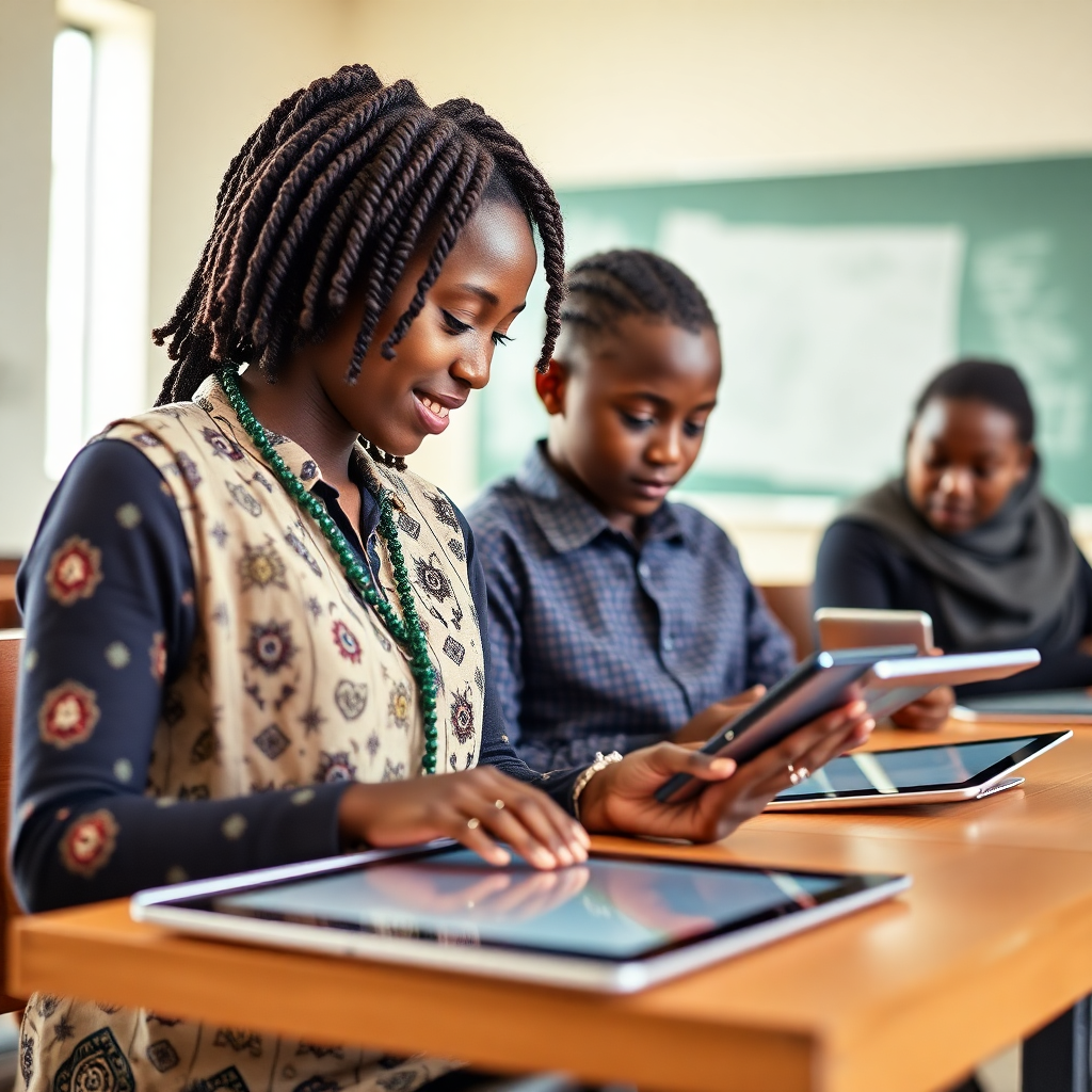 African education technology, students with tablets, digital learning, modern classroom, professional photography