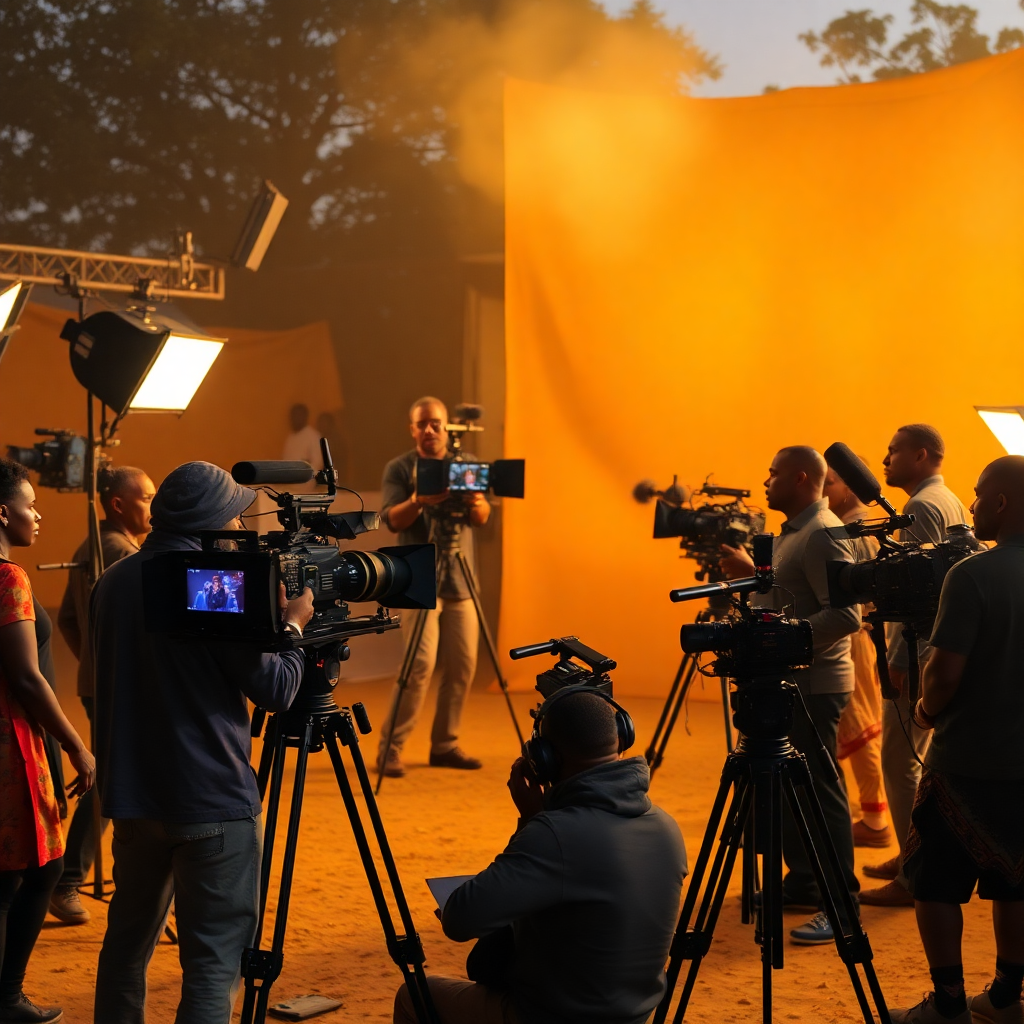 African film production set, movie cameras, creative team, cinematic lighting, professional photography