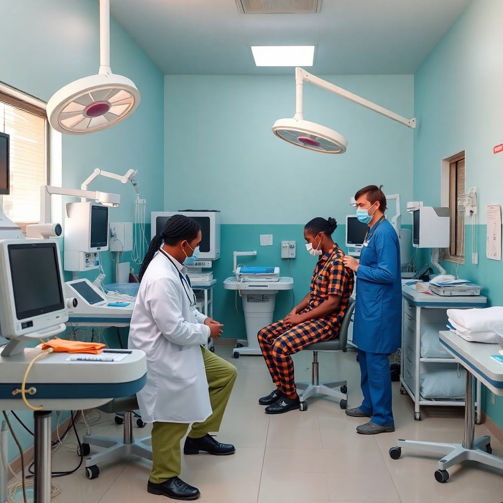 Modern African hospital, medical professionals, patient care, clean facility, professional photography