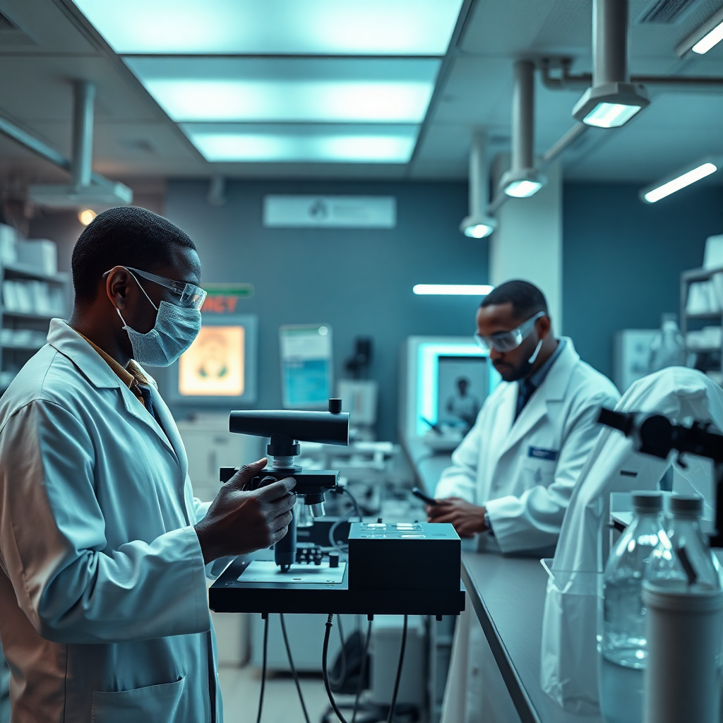 African research facility, modern innovation center, scientists and researchers, advanced technology, professional photography, cinematic lighting