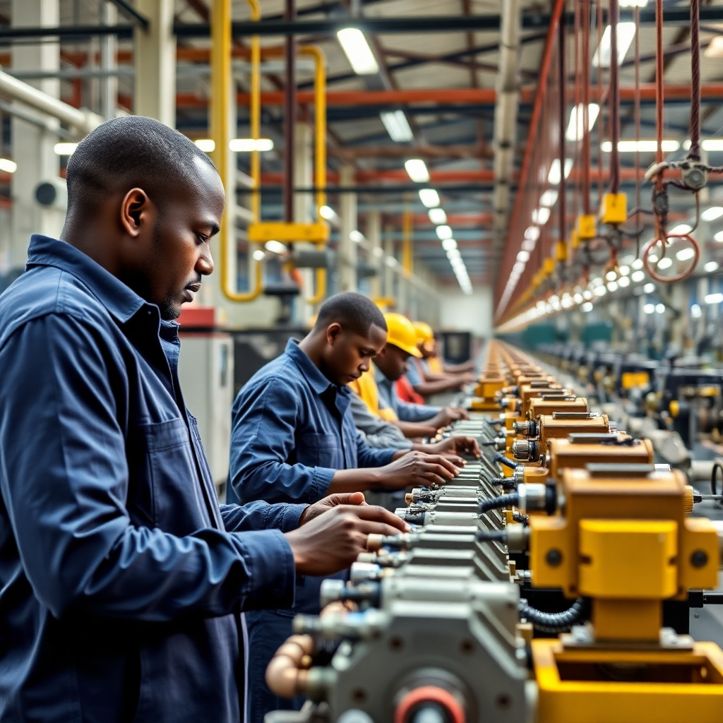 African manufacturing facility, industrial production, modern factory, workers and machinery, professional photography
