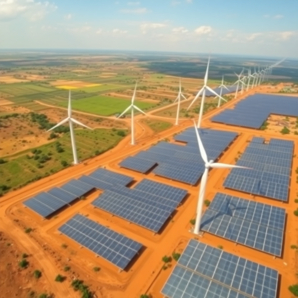 African renewable energy solar farm, wind turbines, sustainable infrastructure, aerial view, professional photography