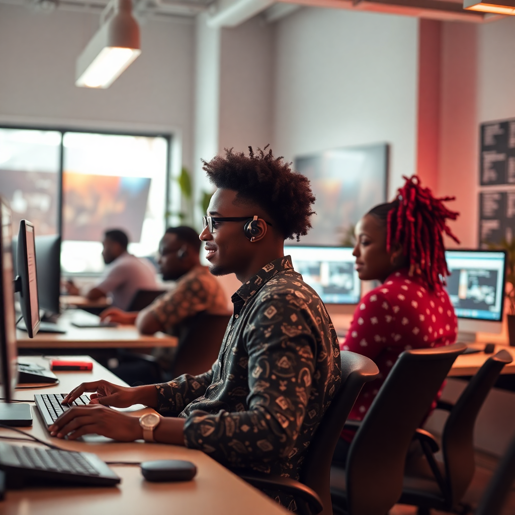 African tech startup office, software developers coding, modern workspace